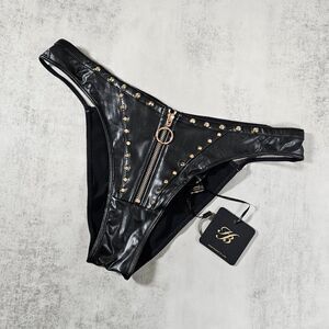 Honey Birdette Casey Black Faux Leather Brazilian Panty w Studs & Zipper Size M